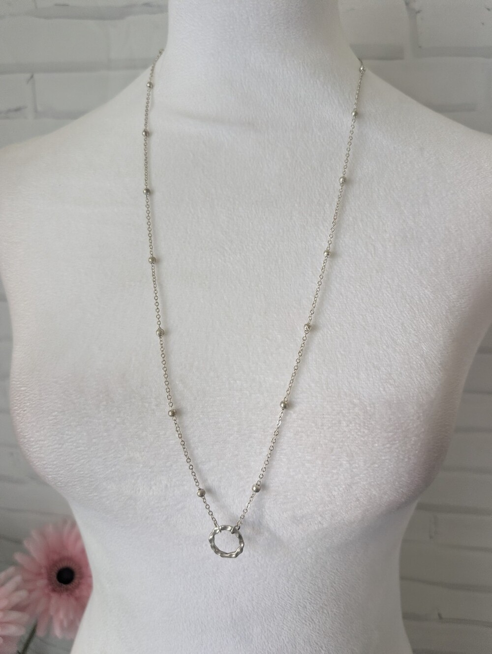 Silver Bead Station Necklace with Hammered Ring